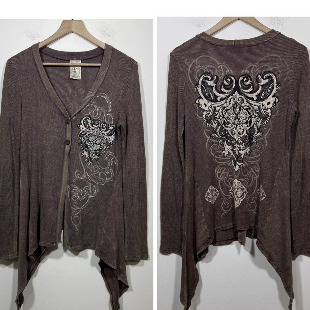 Vocal Womens Y2K Thermal Distressed Brown Cardigan Rhinestone Embellished Sz L